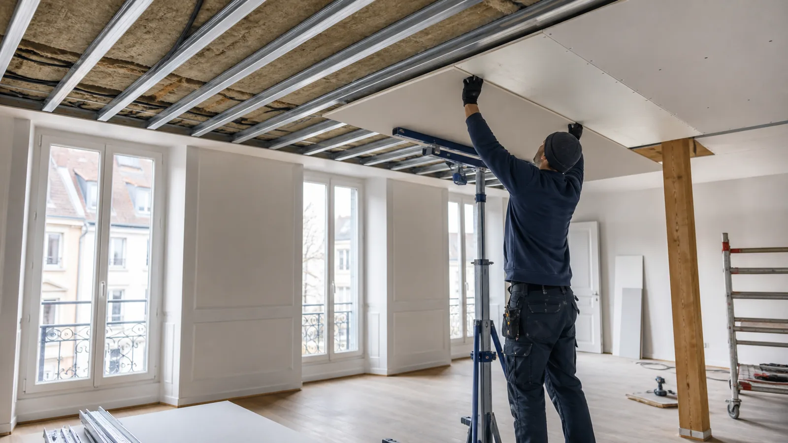 Plafond suspendu Strasbourg posé par un plaquiste dans un appartement