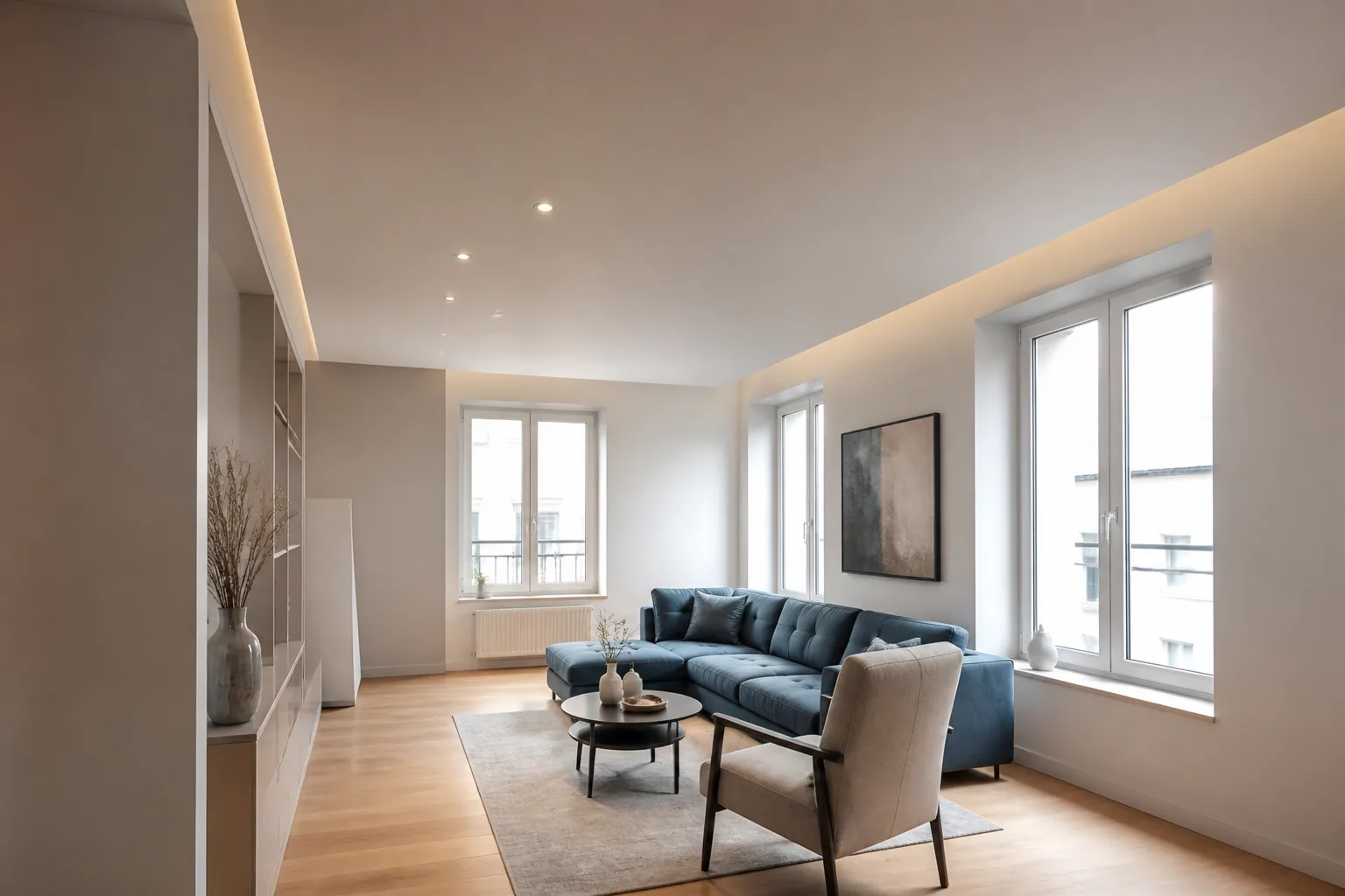 Plafond suspendu Strasbourg – finition intérieure Plafond suspendu Strasbourg terminé avec spots et finition lisse