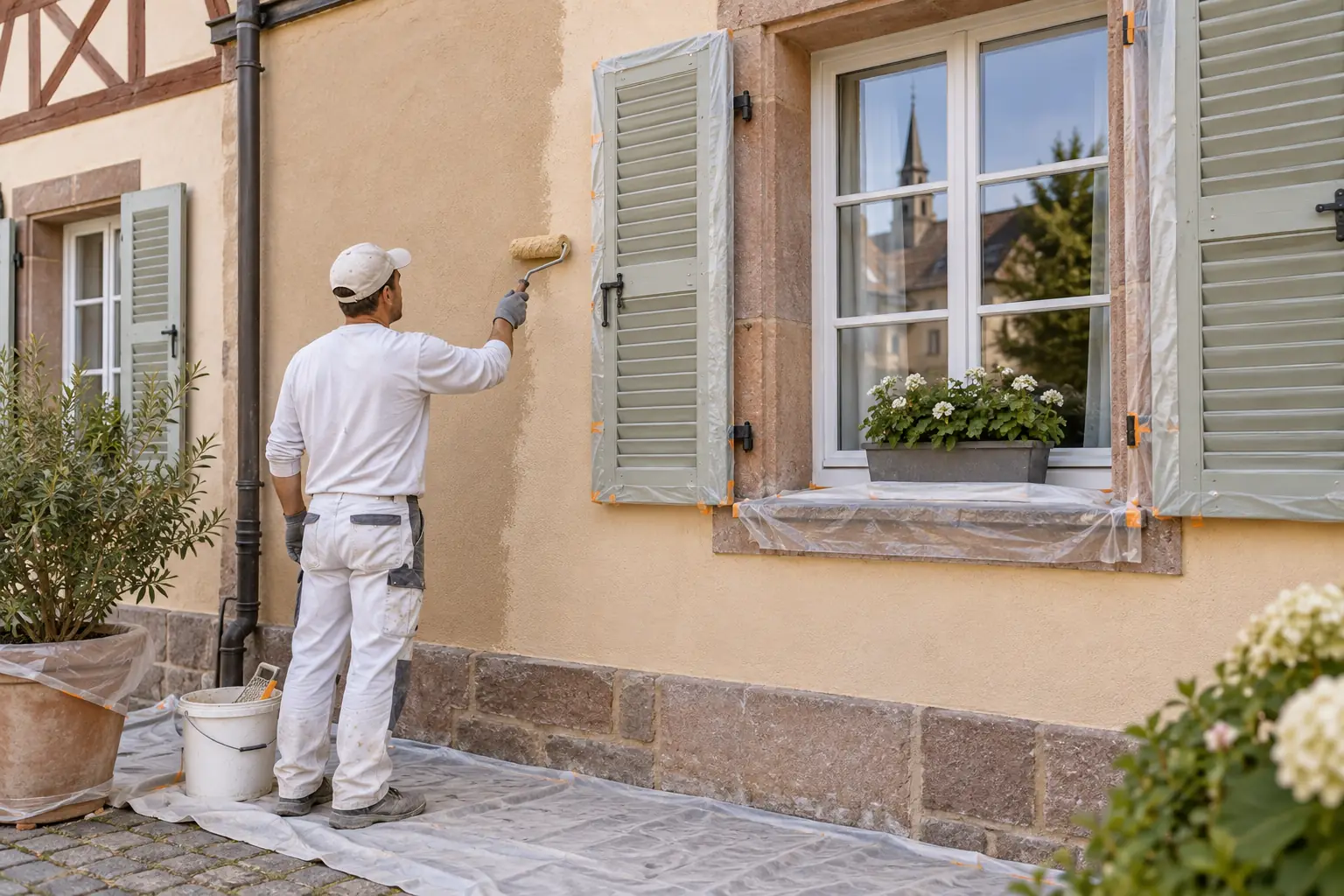 couleur façade maison Alsace - application de la finition couleur façade maison Alsace appliquée avec une préparation soignée