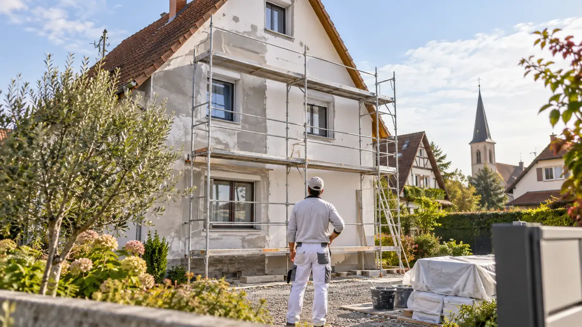rénovation maison Entzheim : artisan devant une façade en cours de rénovation