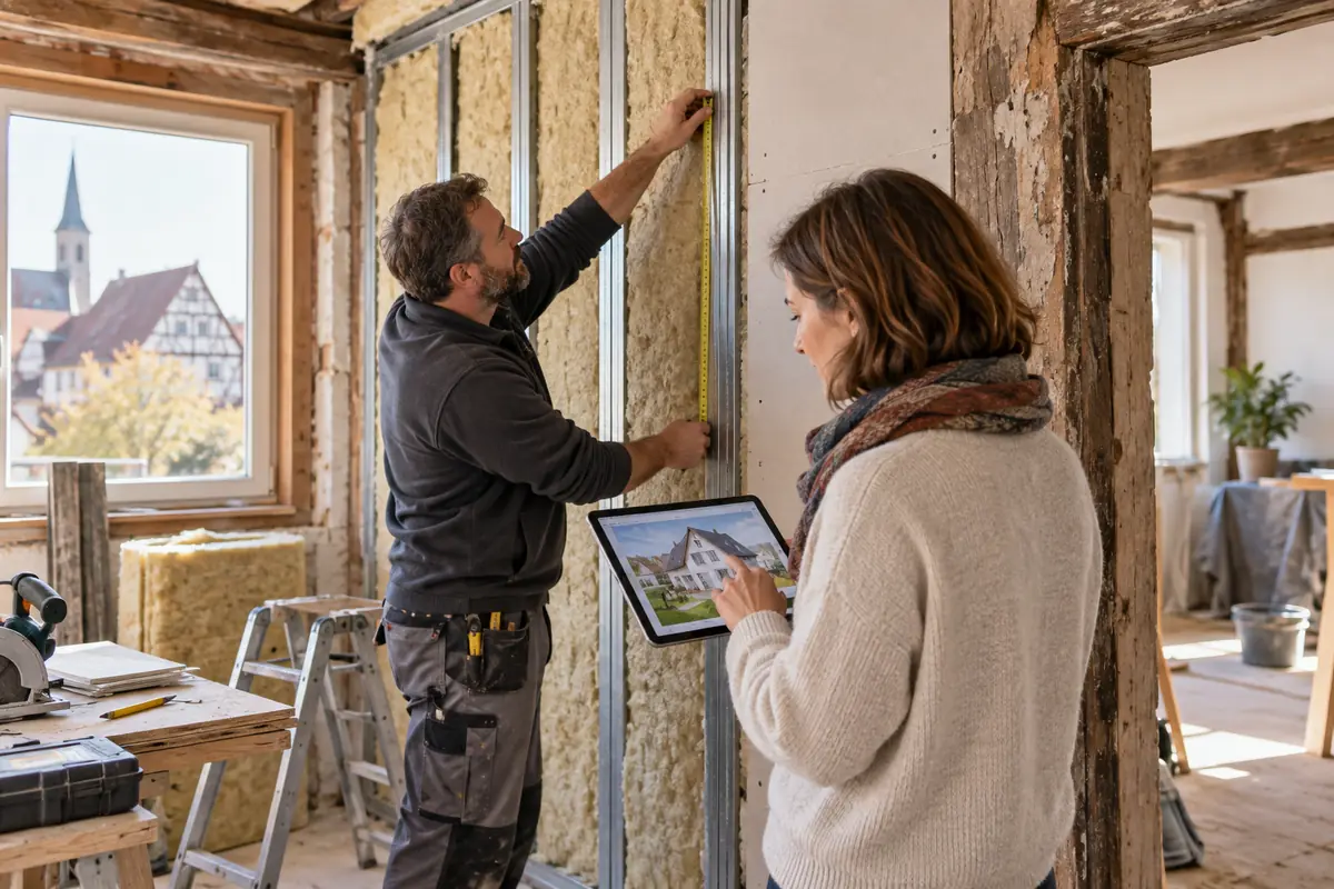 rénovation maison Entzheim - diagnostic intérieur rénovation maison Entzheim : artisan mesurant un mur avant les travaux