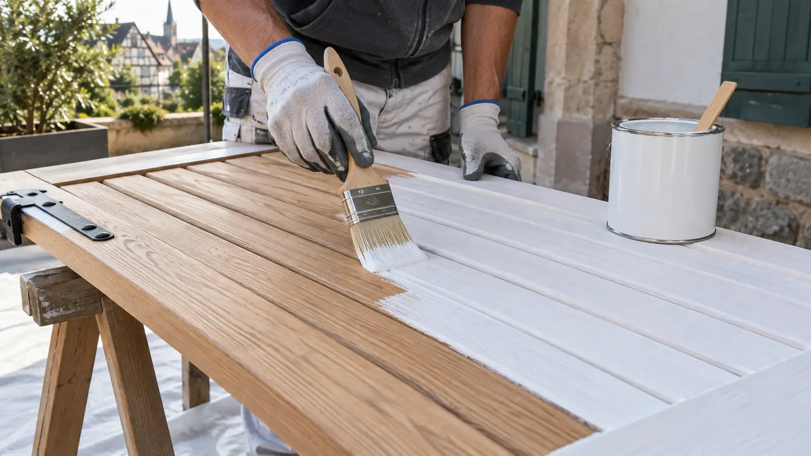 sous couche peinture bois extérieur – application au pinceau sous couche peinture bois extérieur appliquée régulièrement sur un volet préparé