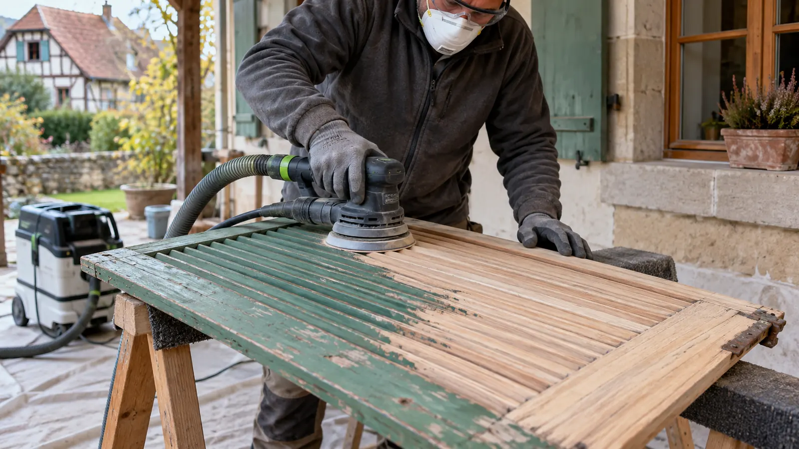 sous couche peinture bois extérieur – ponçage et dépoussiérage sous couche peinture bois extérieur après ponçage aspiré d’un volet alsacien
